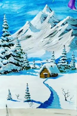 Зимний пейзаж детский рисунок гуашью