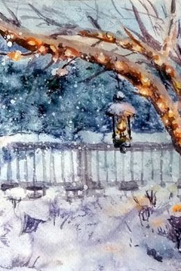 Зимний лес рисунок акварелью
