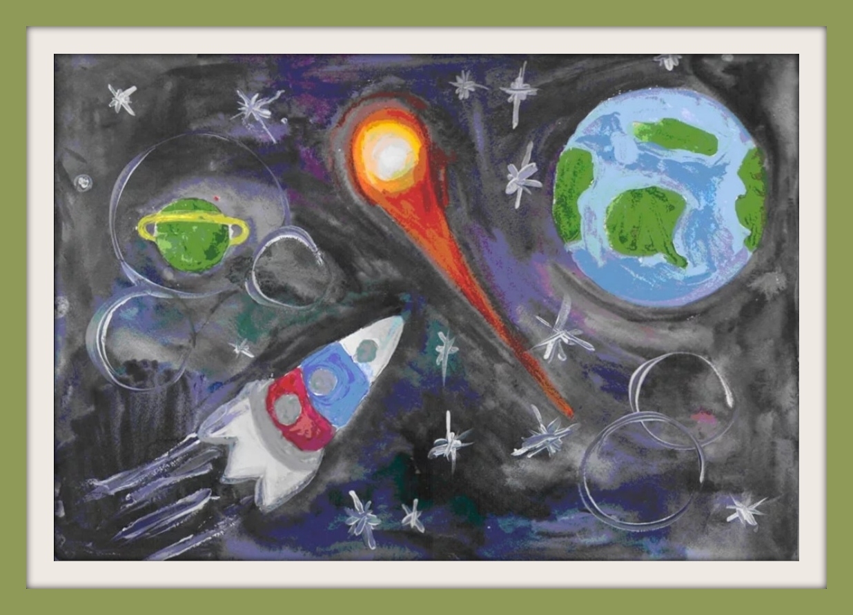 Космос для детей 7 8 лет. Рисунок на космическую тему. Рисунок ко Дню космонавтики. Рисование на тему космос. Рисунки на тему космос для детей.