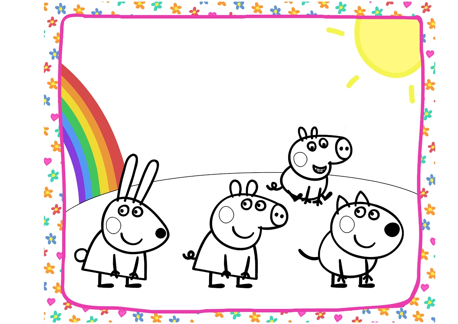 Раскраска Свинка Пеппа с радугой