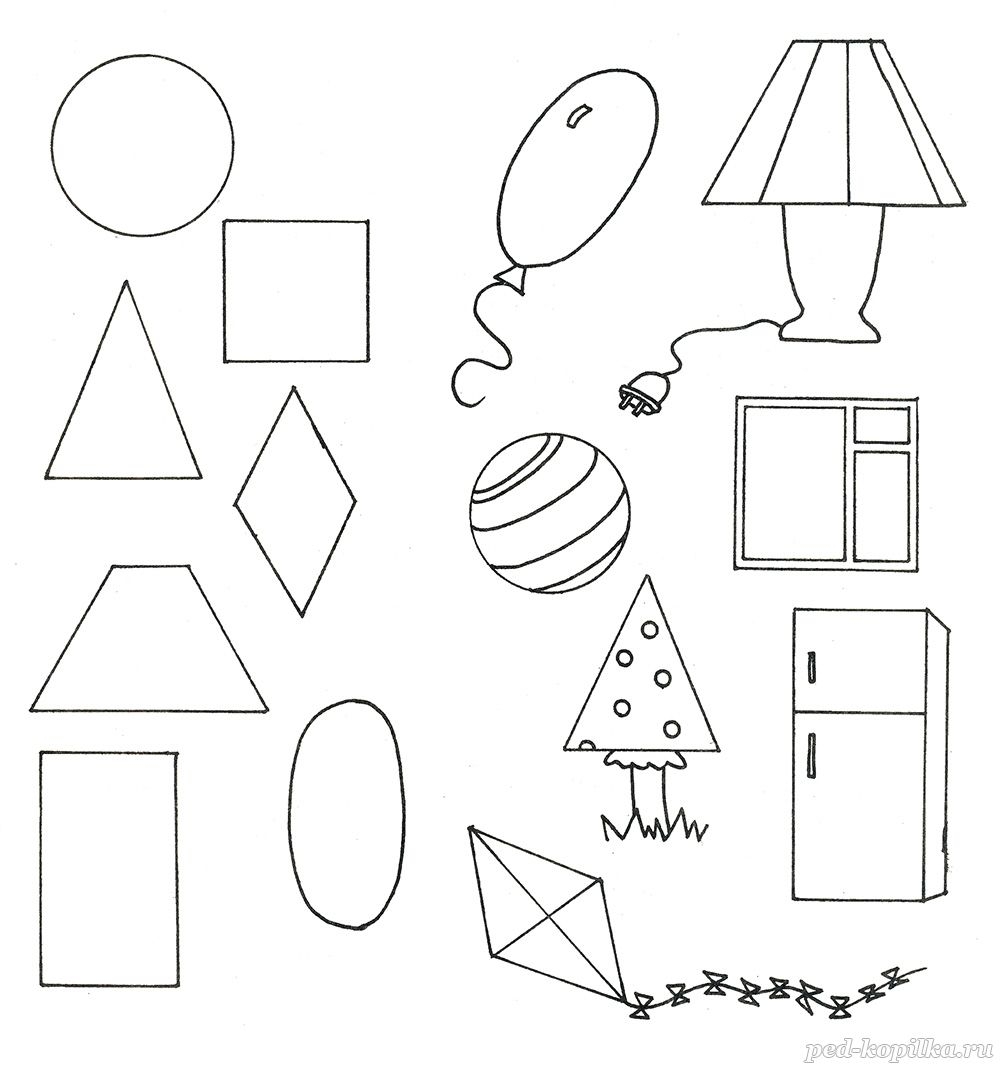Соедини геометрические фигуры с предметами