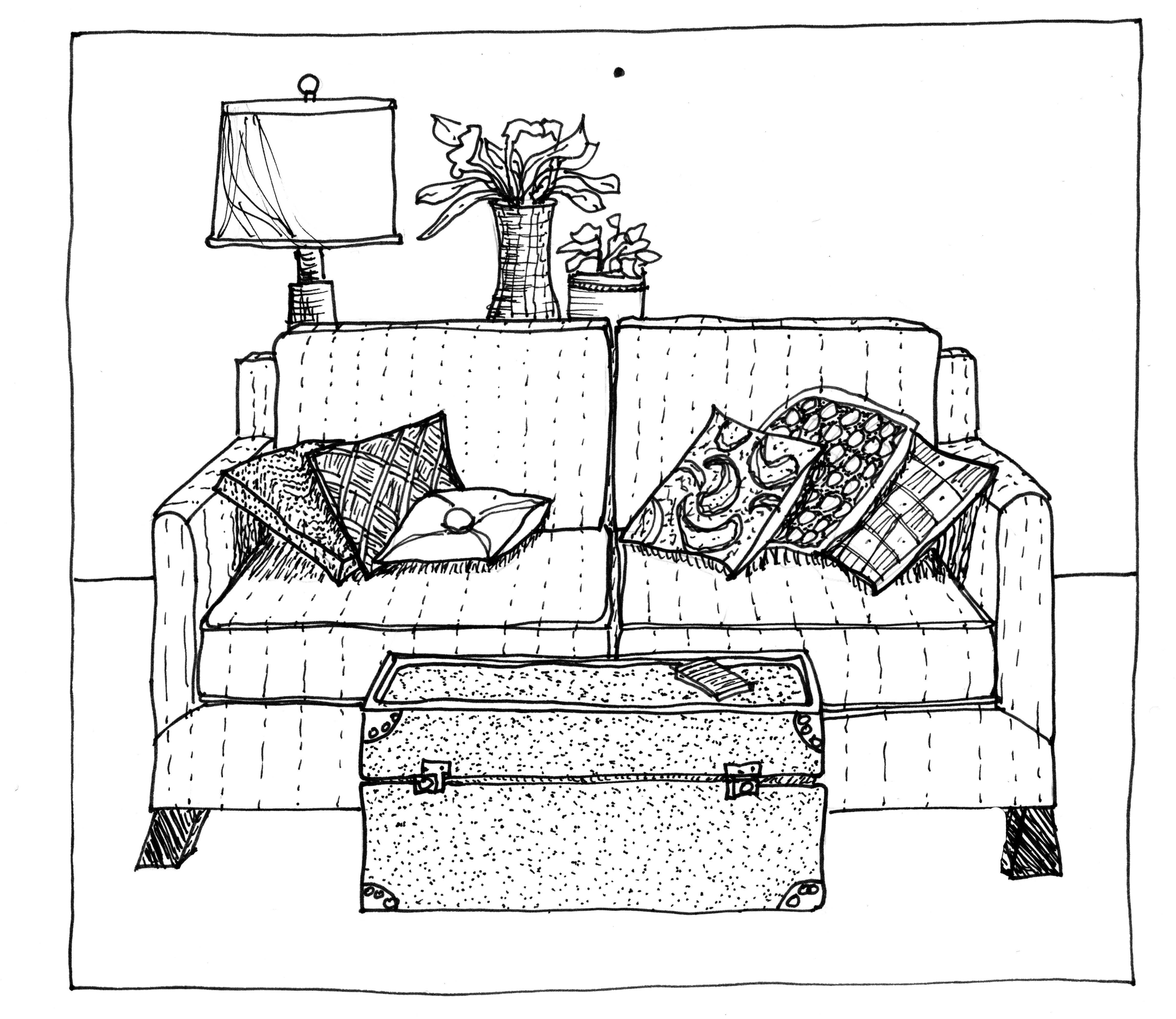 Эскиз дивана с подушками