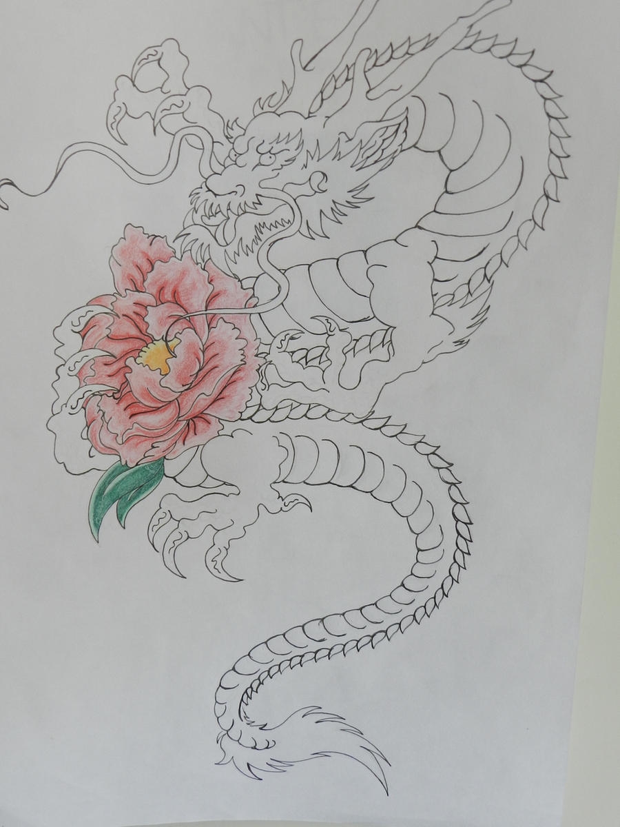 Эскиз тату дракон с цветами