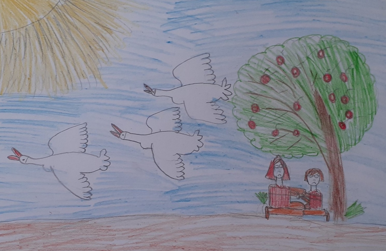 Рисунок на тему гуси лебеди 9 лет карандашом и мелками