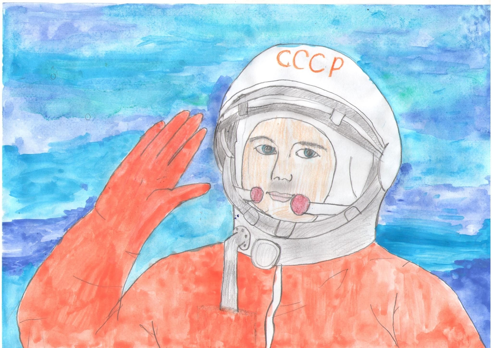 Первый полет в космос рисунок. Рисунок ко Дню космонавтики. Рисунок ко Дню космонавтики 1 класс. Рисунок Юрия Гагарина. Гагарин рисунок для детей.