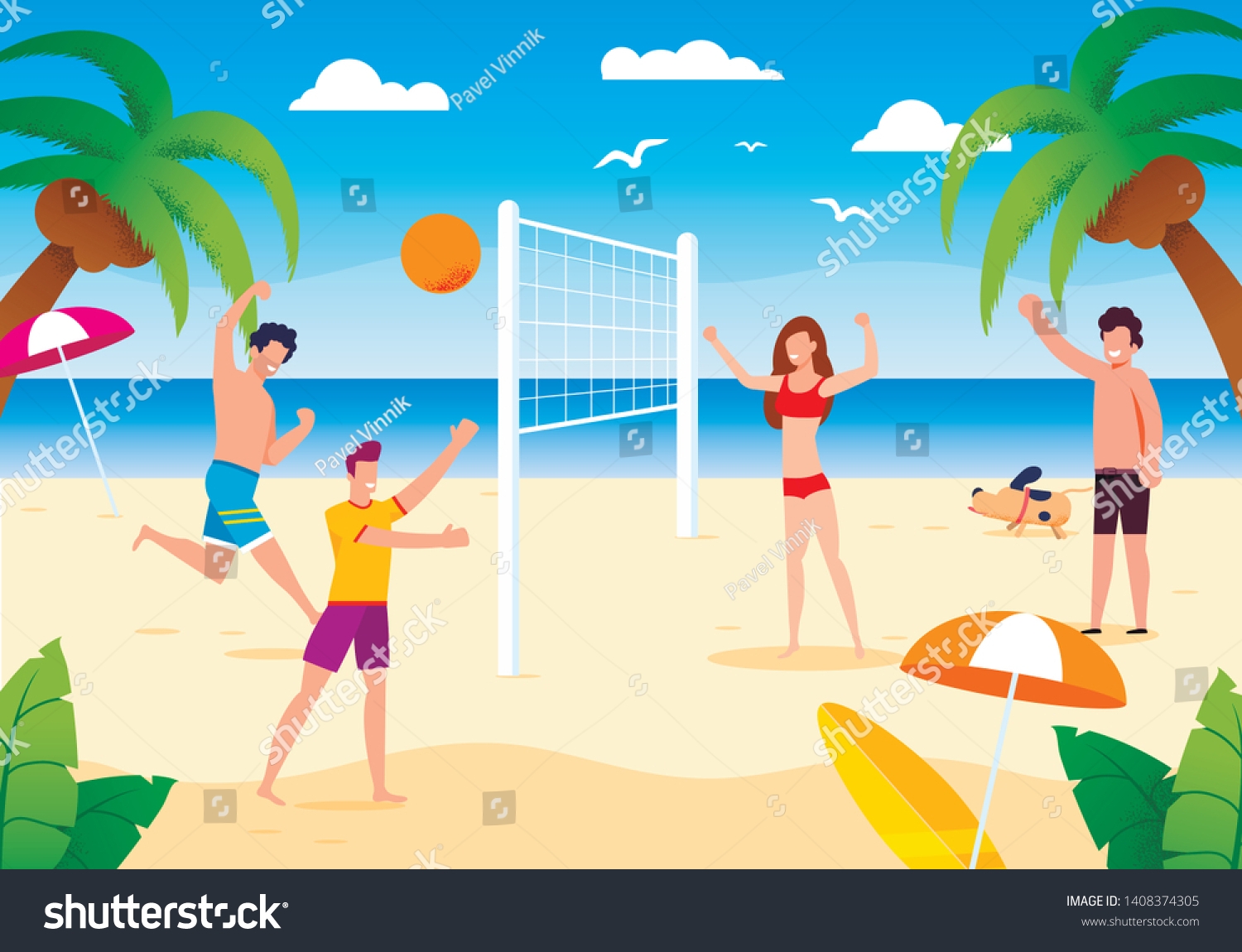 Люди играющие в волейбол на пляже картина