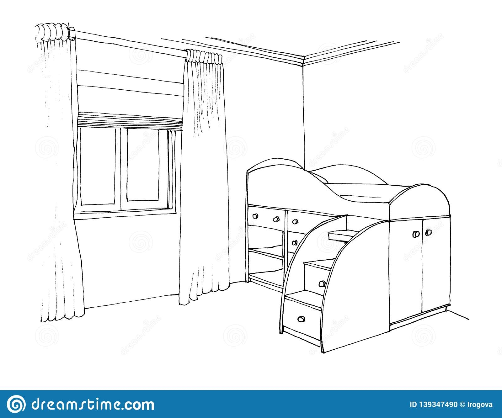 Рисунок комнаты с двухъярусной кроватью