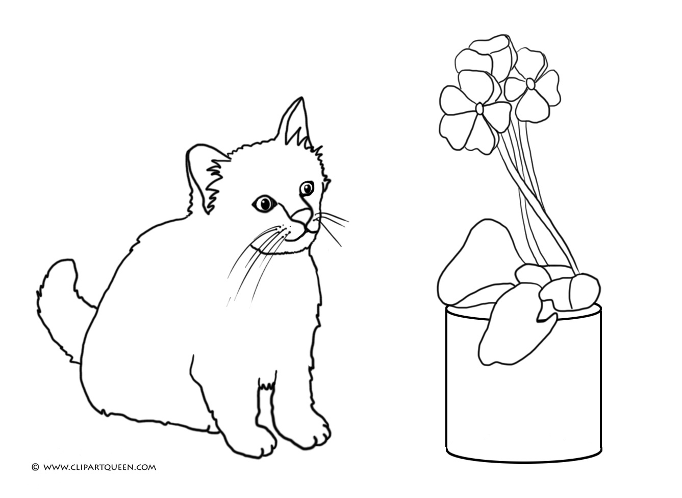 Раскраски кошка с цветком в горшке