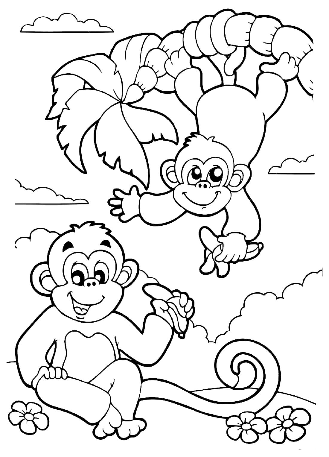Раскраски Раскраска обезьянка удивлена обезьяна, Раскраска Веселые обезьянки обезьяна.