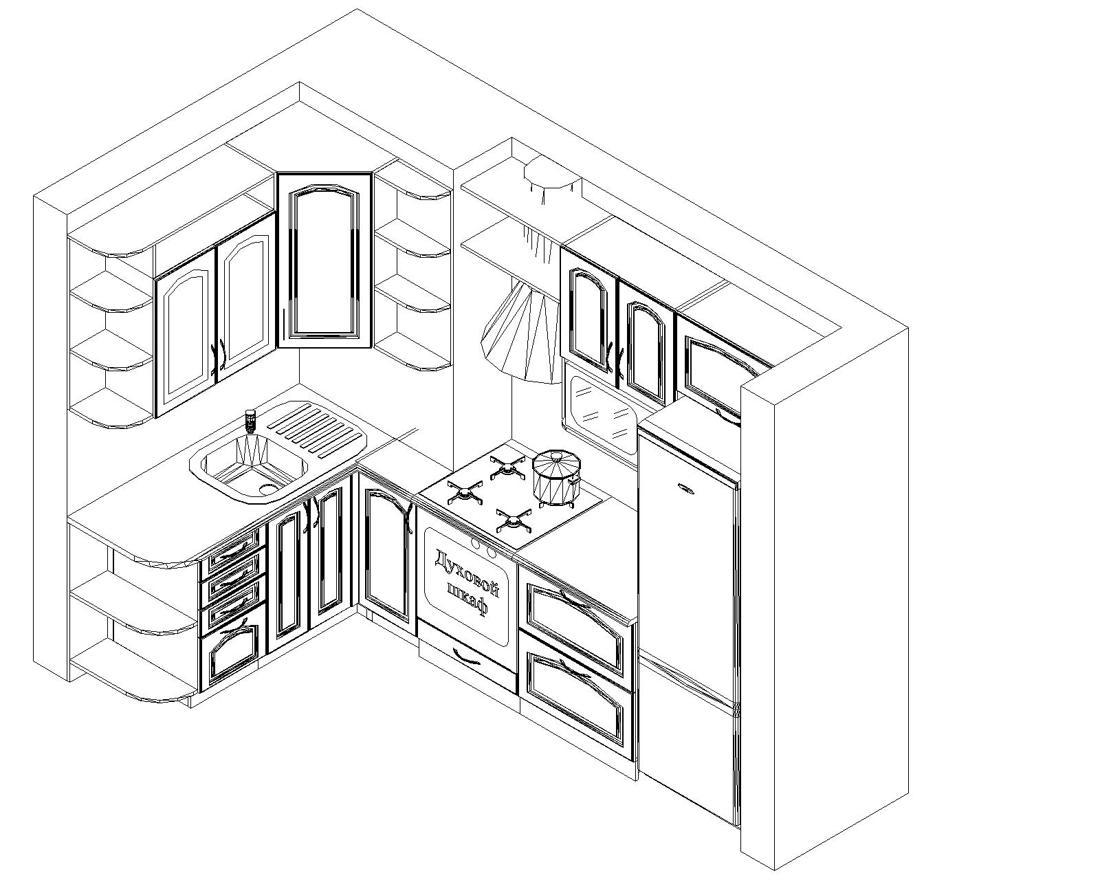 эскиз угловой кухни карандашом