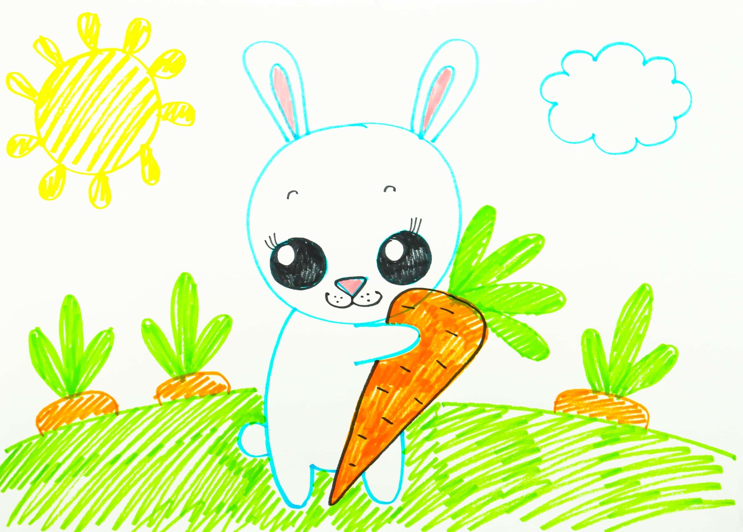 Как можно нарисовать фломастером зайку с морковкой