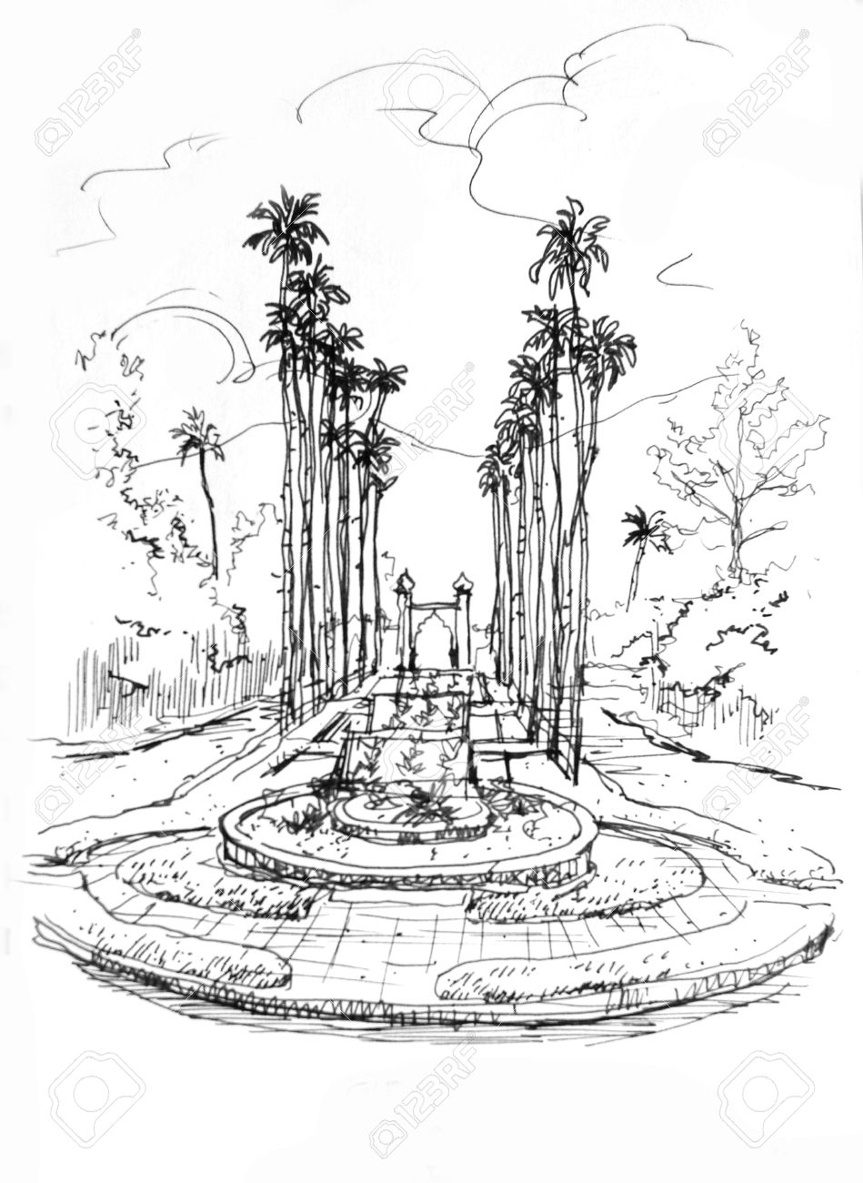 Раскраска парк с фонтаном