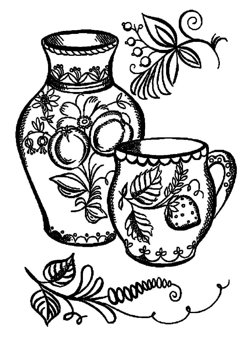 Рисунок посуды росписи Гжель и Хохлома