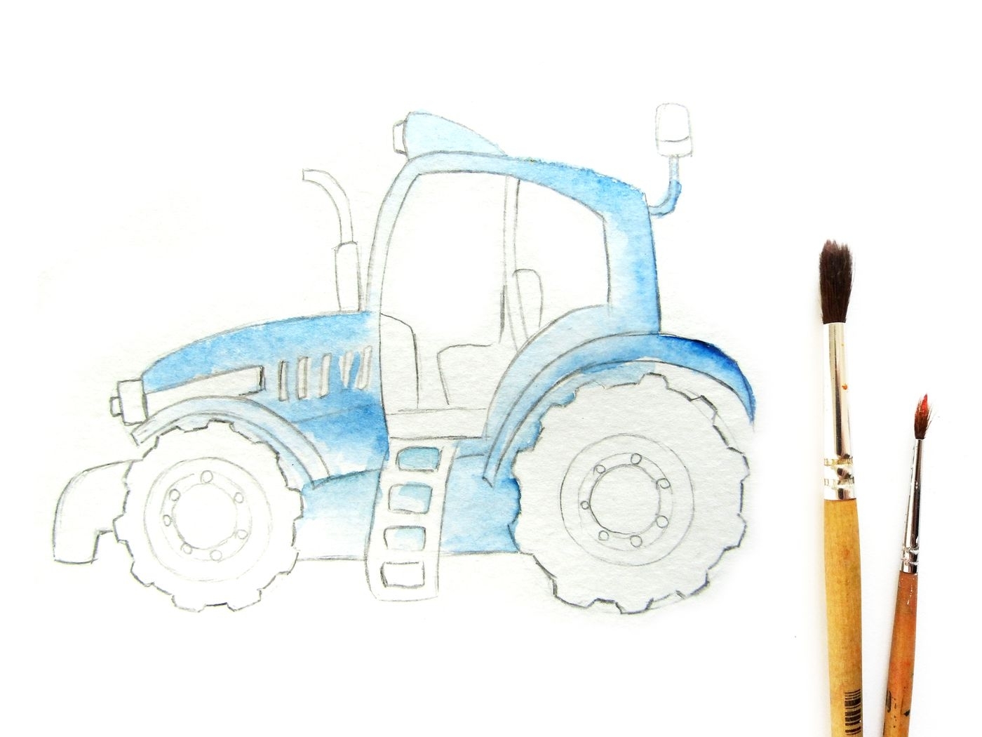 Синий трактор акварель
