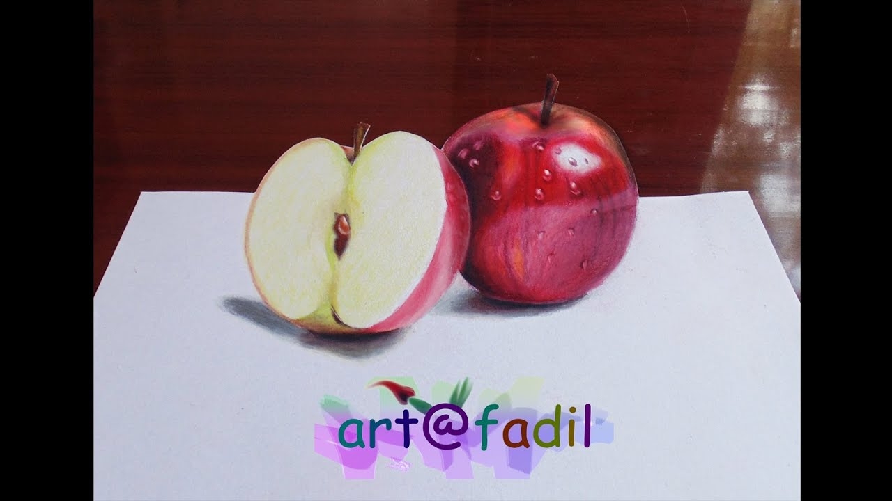 Яблоко цветными карандашами с разрезом