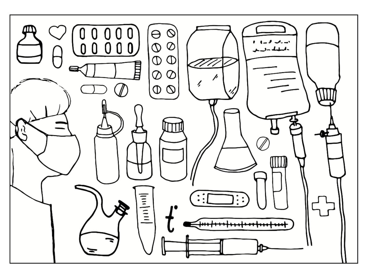 Раскраски медицинские, Раскраска Медицинские инструменты Медицинские раскраски.