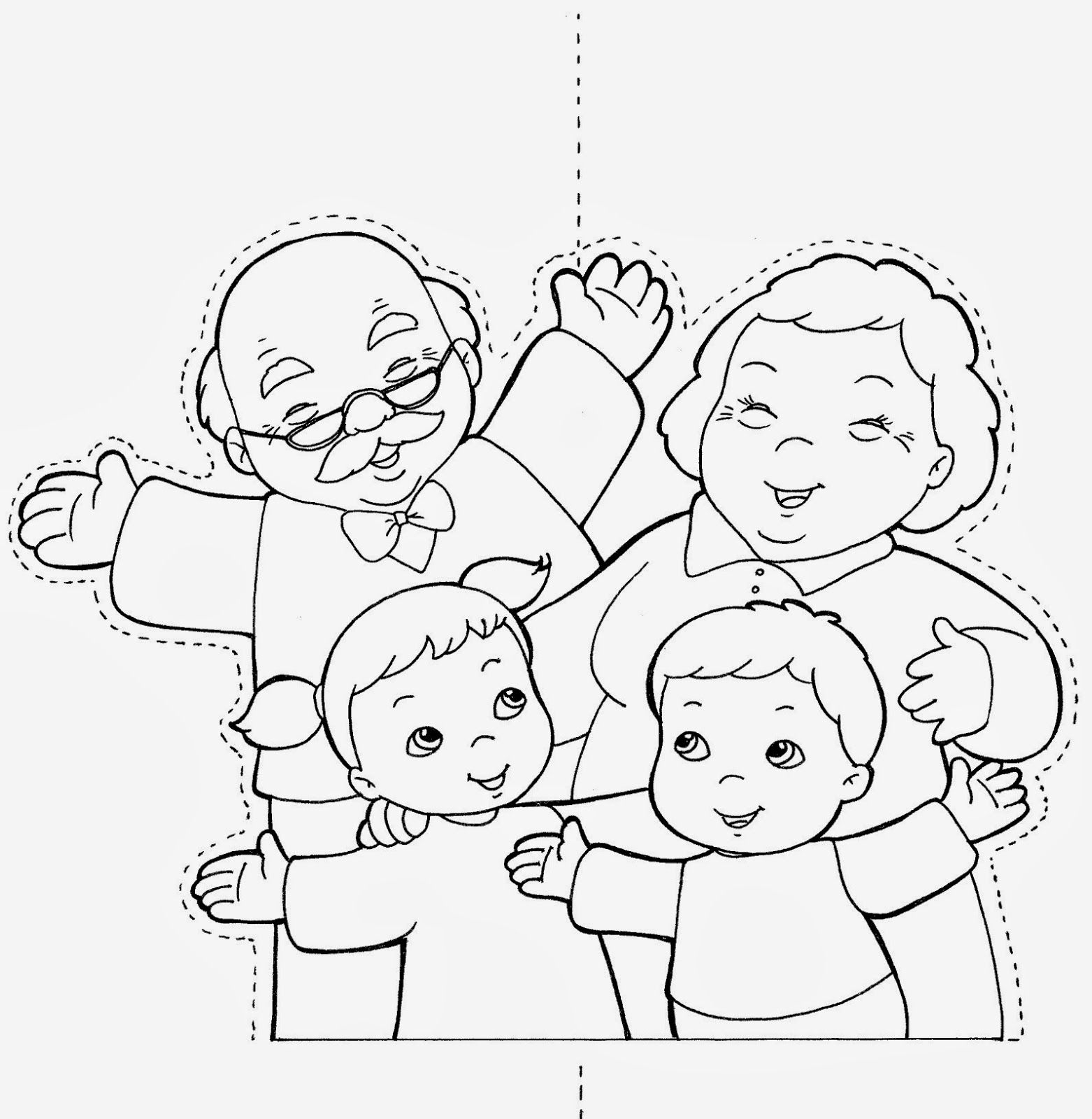Раскраска бабушка и дедушка с внуками