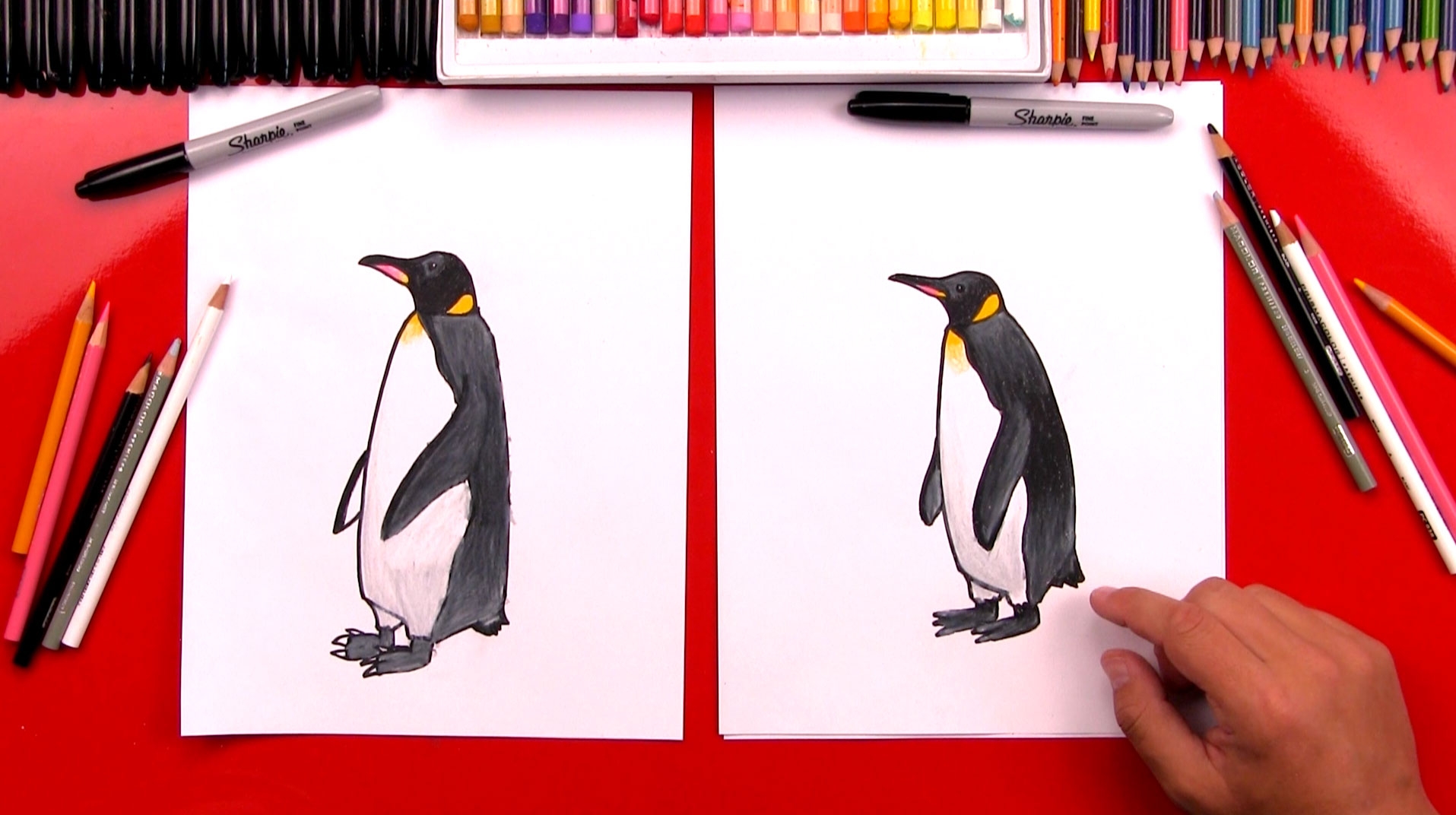 Рисование фломастерами пингвинов
