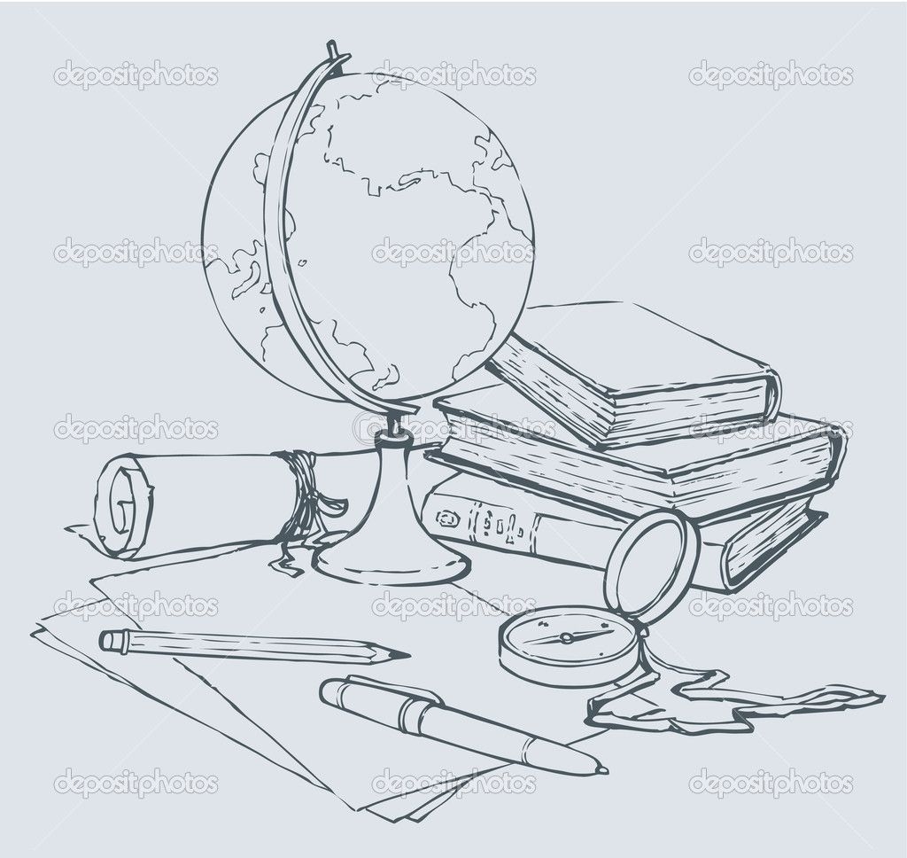 Натюрморт с глобусом и книгами карандашом
