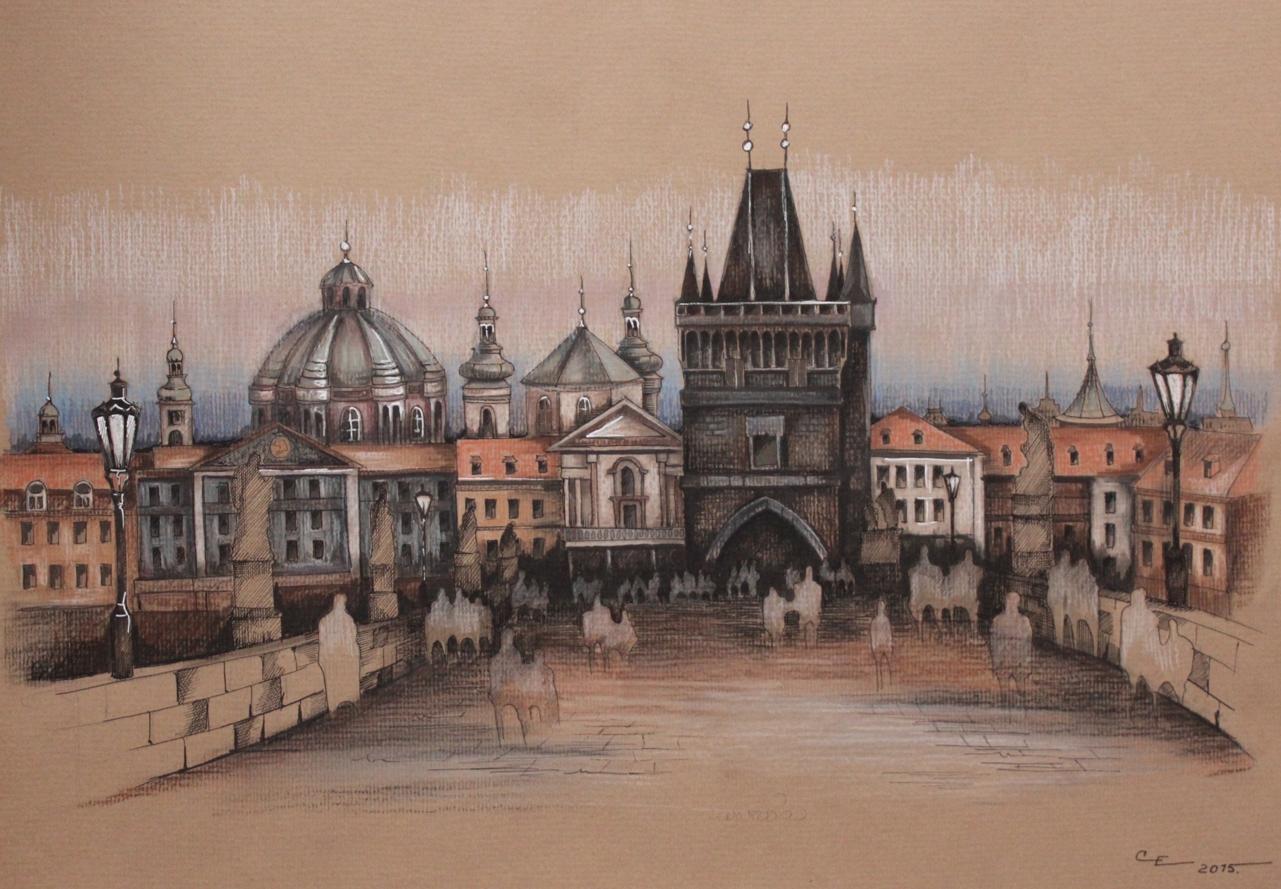 Прага архитектура Карлов мост рисунок