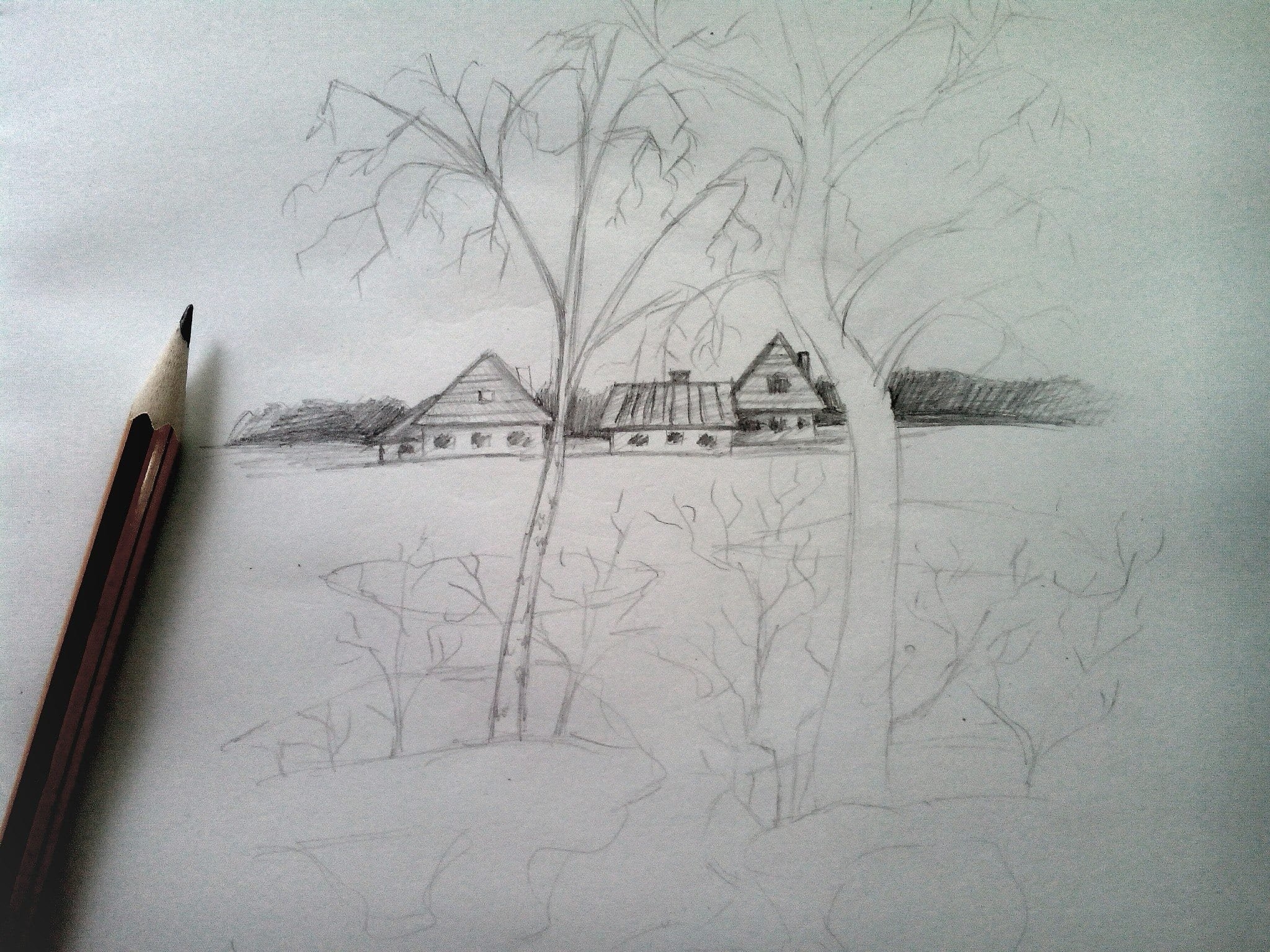 Весенний пейзаж карандашом для срисовки