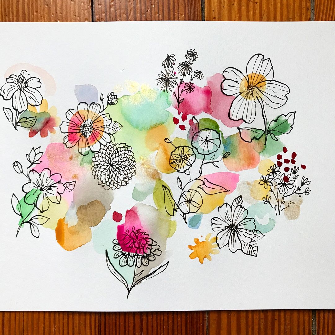 Акварельные цветы и линер открытка