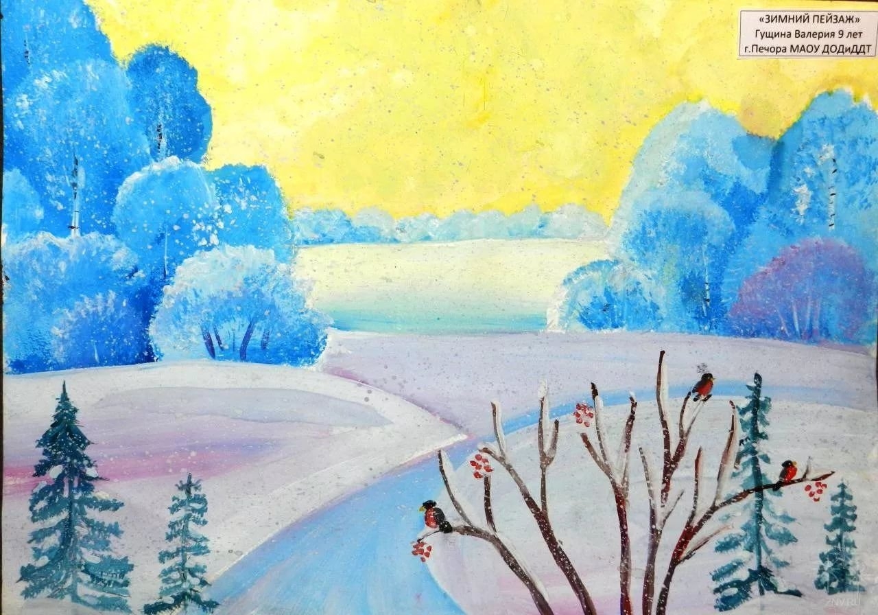 Рисунок зима красками