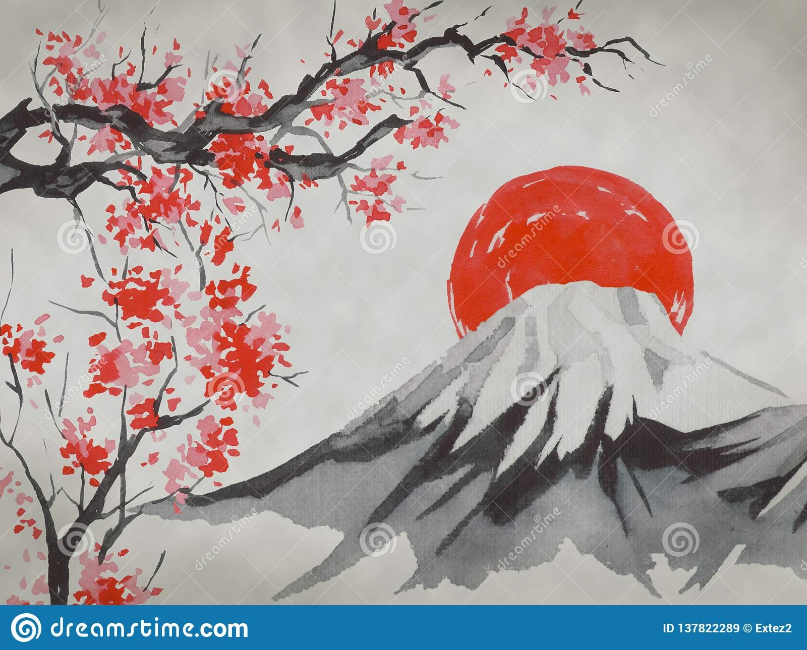 Японская живопись Суми-э Сакура традиционная гора