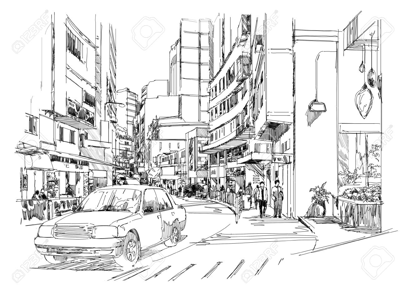 Рисунок графикой улица города с машинами