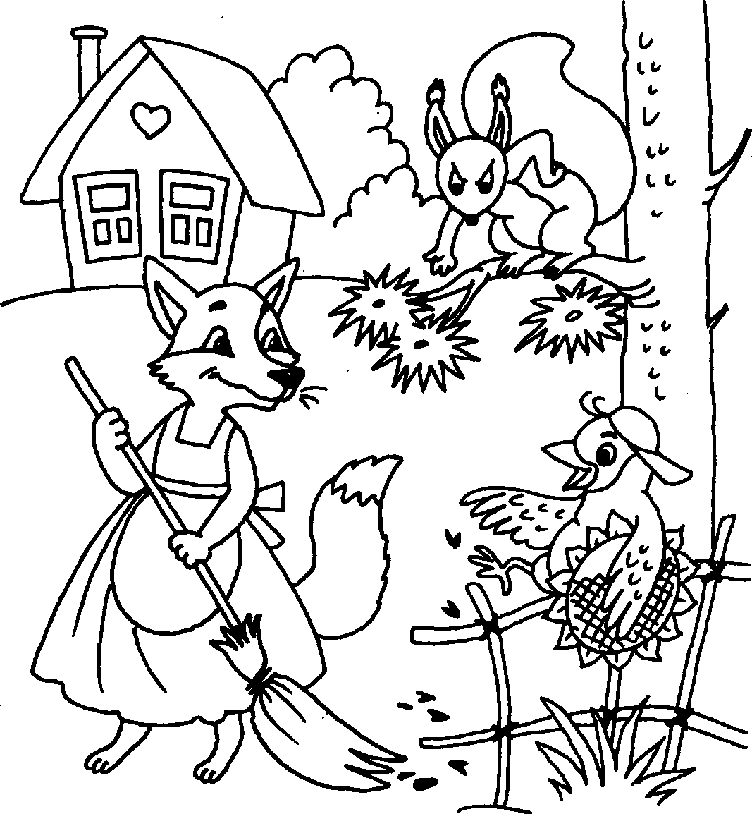 Раскраска заяц лиса и петух
