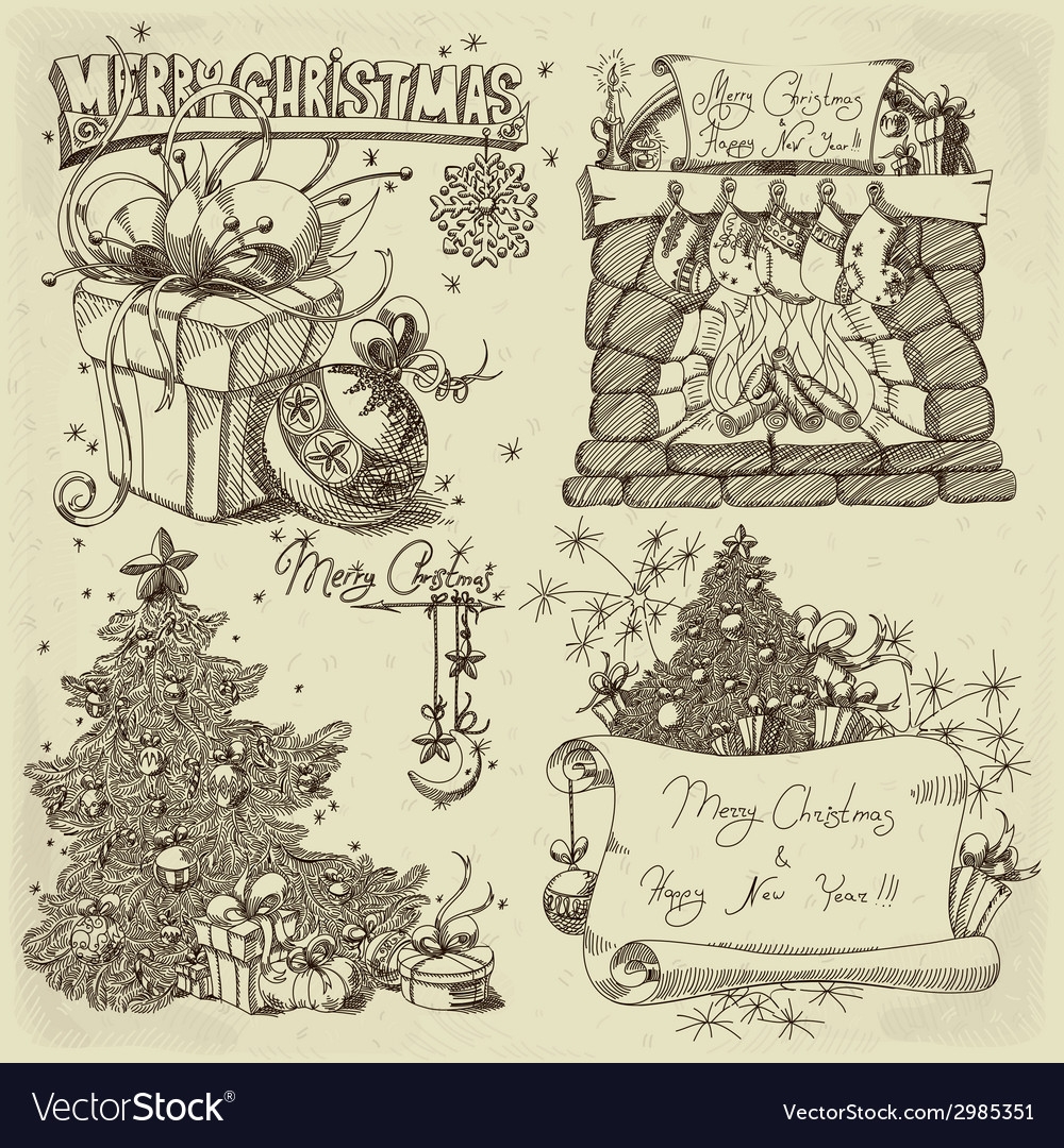 Рождественские элементы штриховой рисунок