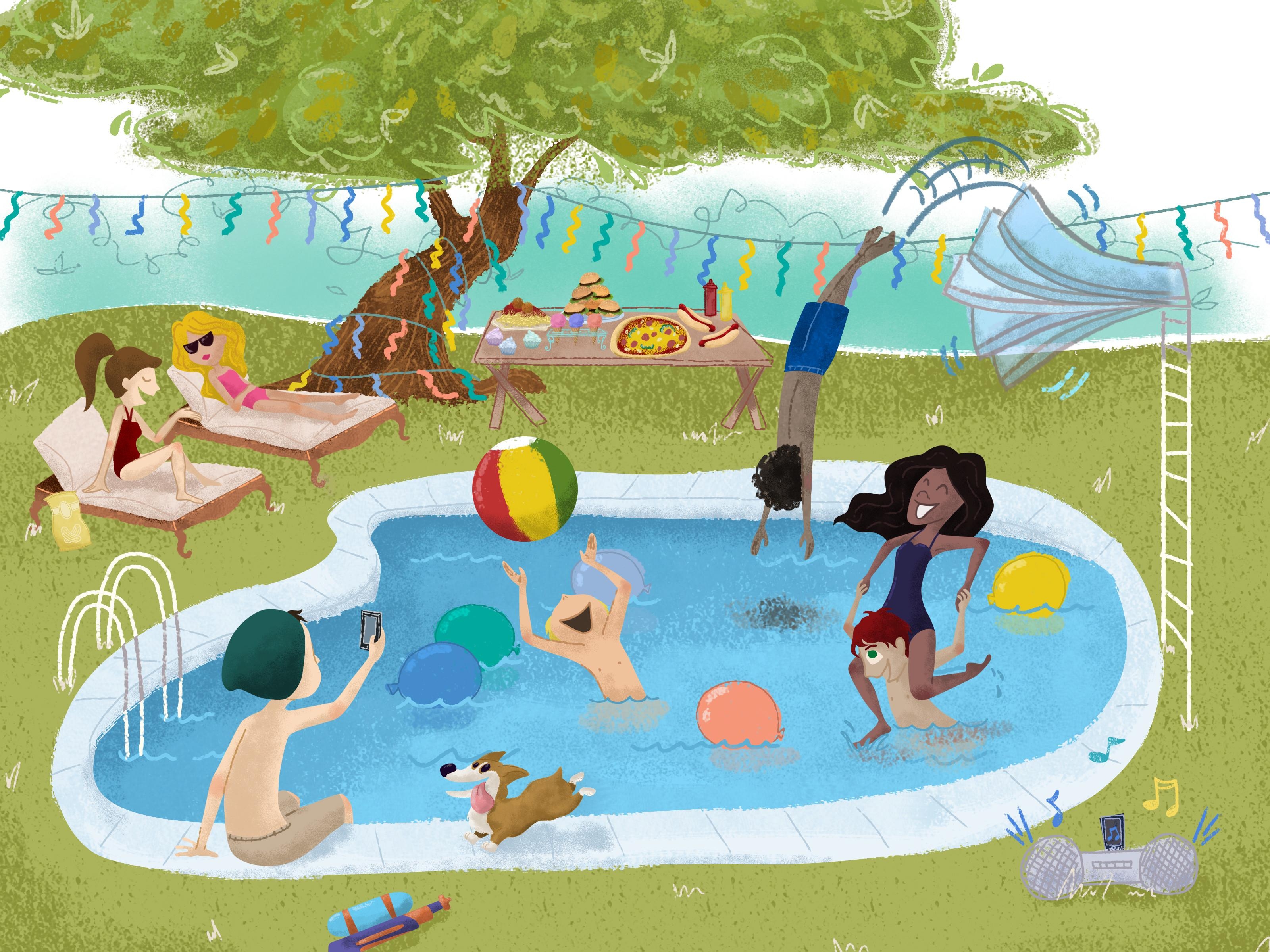 На летних каникулах на даче. Бассейн рисунок. Бассейн картинка для детей. Картина дети в бассейне. Рисунок на тему летние каникулы.