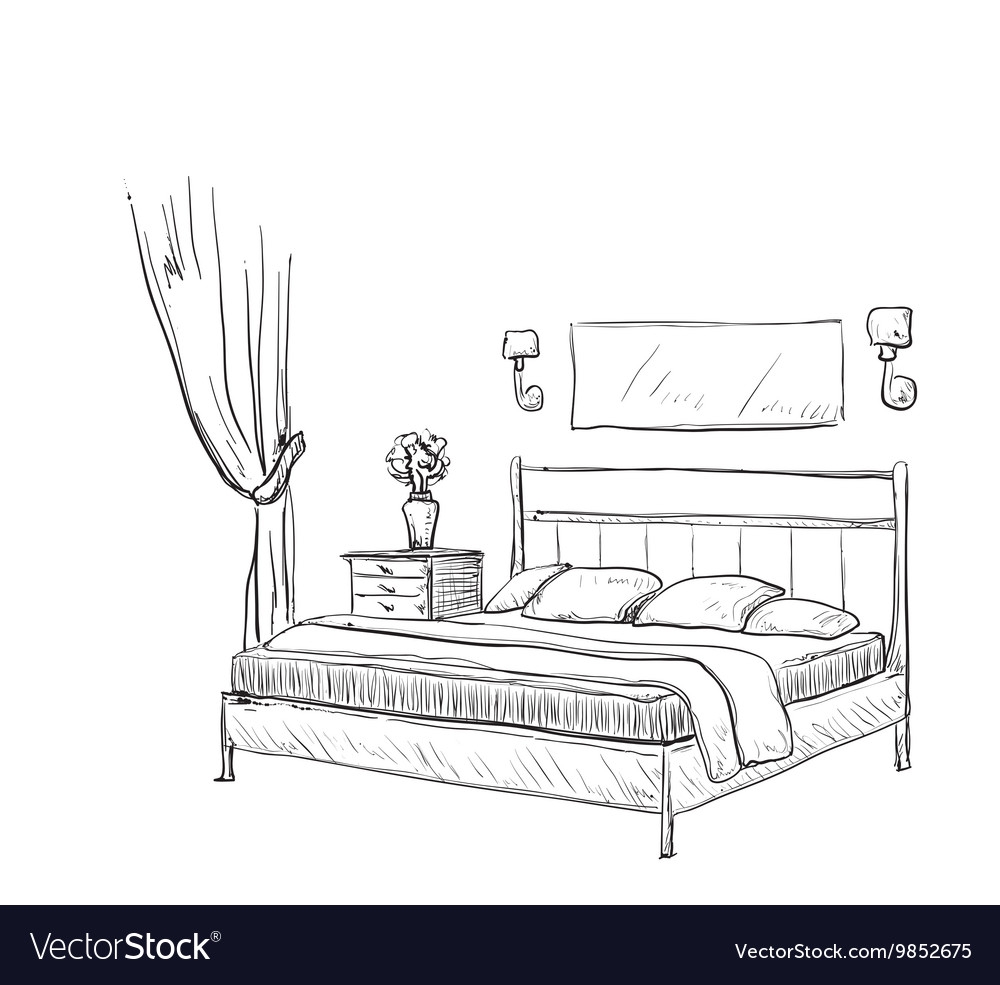Набросок спальни с одноместной кроватью