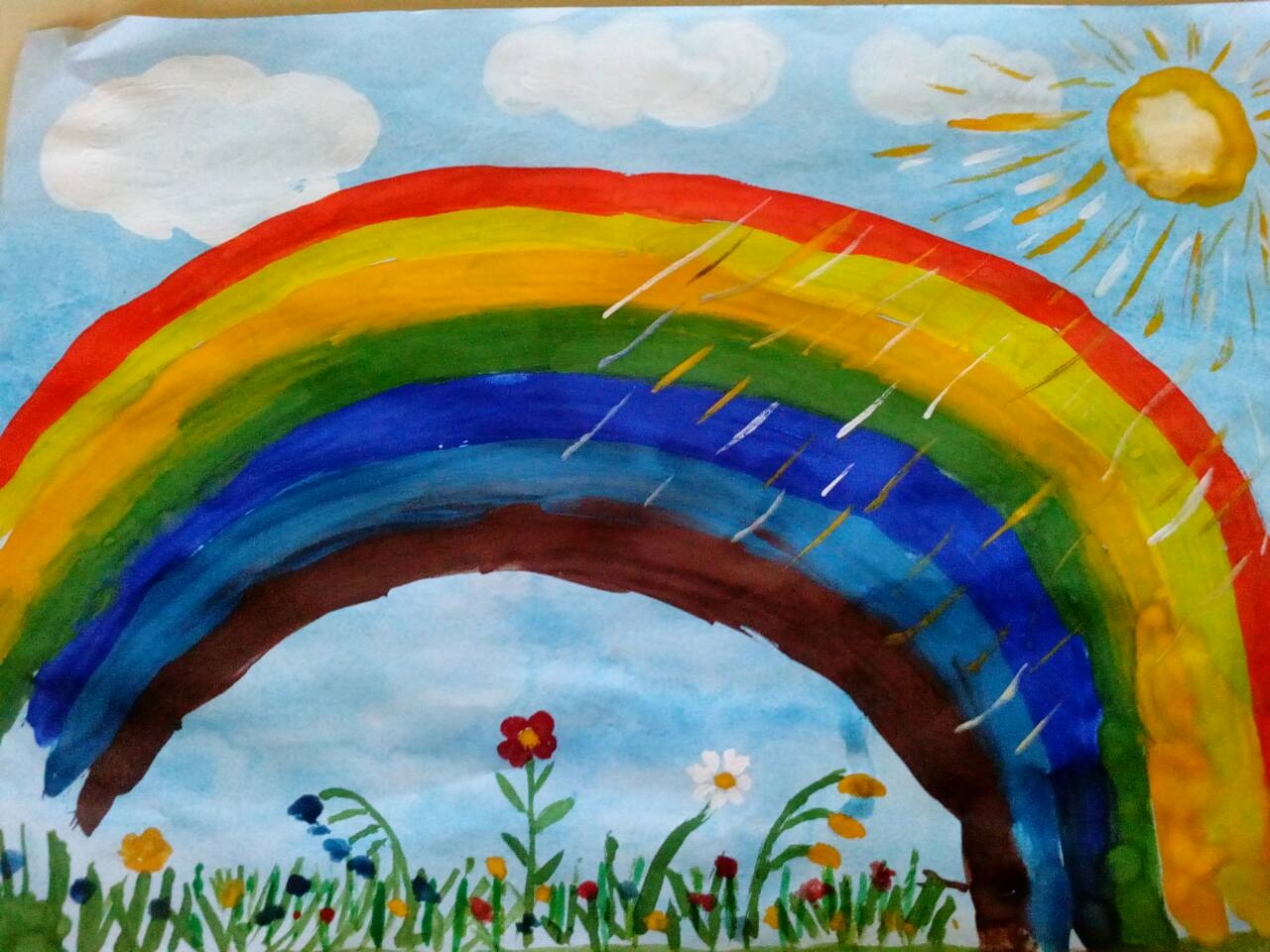 Рисование радуга старшая группа. Рисунок Радуга еоссками. Радуга рисунок красками. Пейзаж с радугой рисунок. Радуга красками для детей.