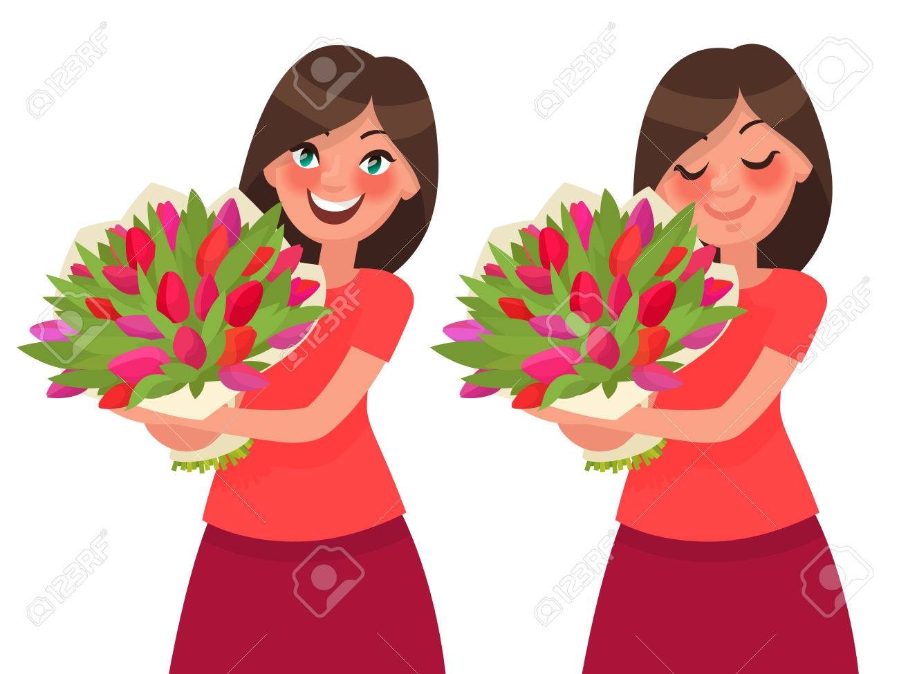 Женщина с букетом цветов рисунок