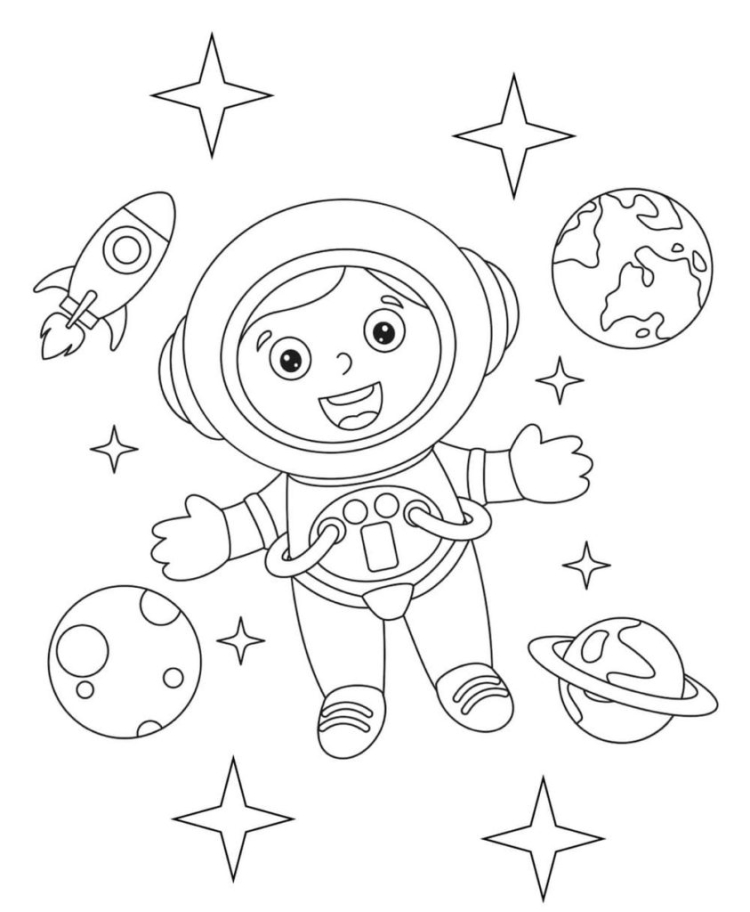 Раскраска. В космосе. Раскраски космос для детей 4-5 лет. Раскраски ко Дню космонавтики. Космонавт раскраска. Шаблон космонавта для поделки ко дню космонавтики