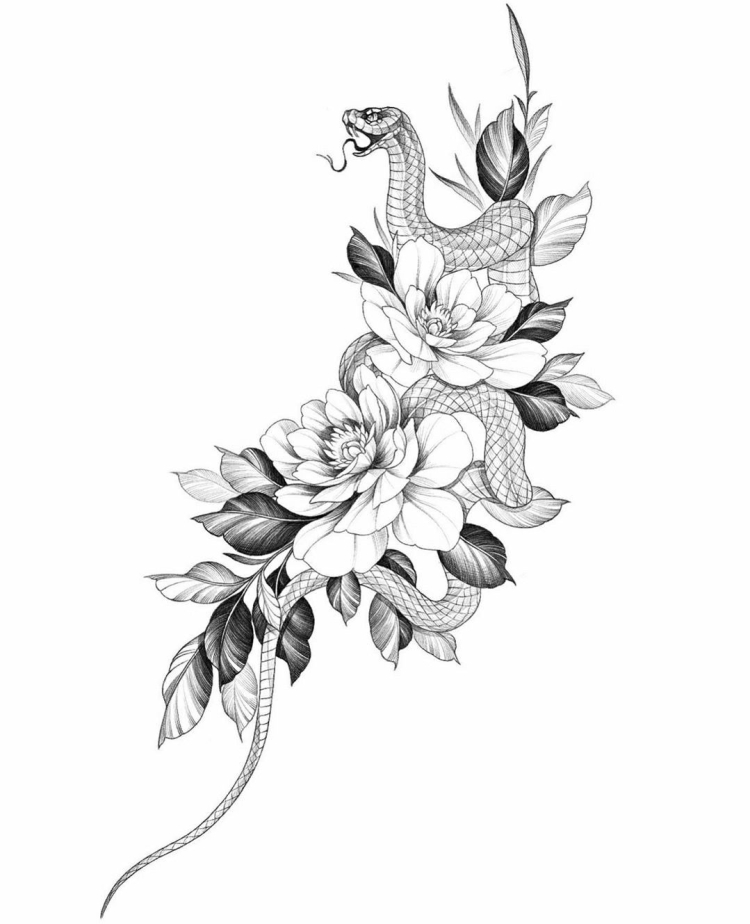 Эскиз змея с цветами