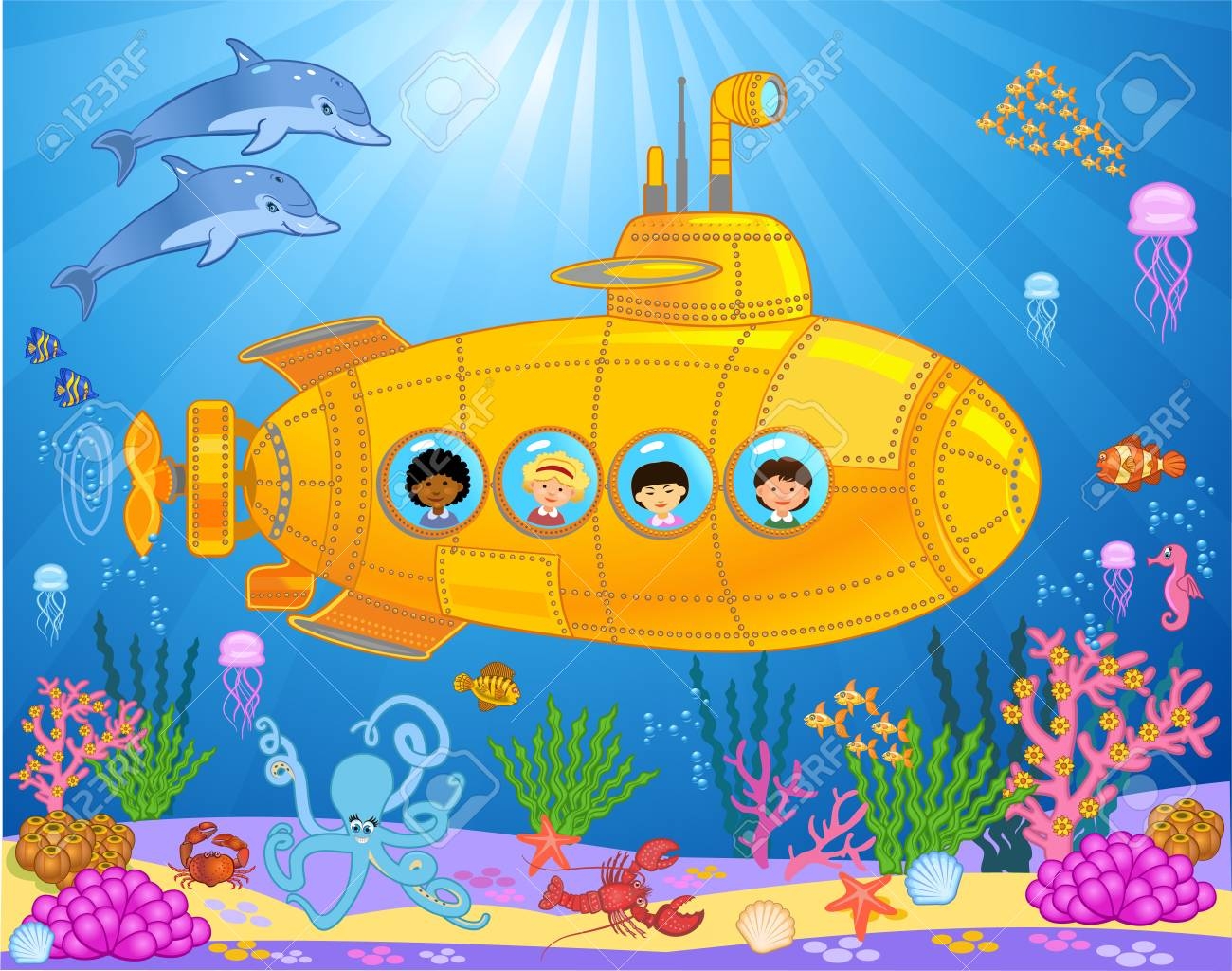 Фон детский жёлтой подводной лодки