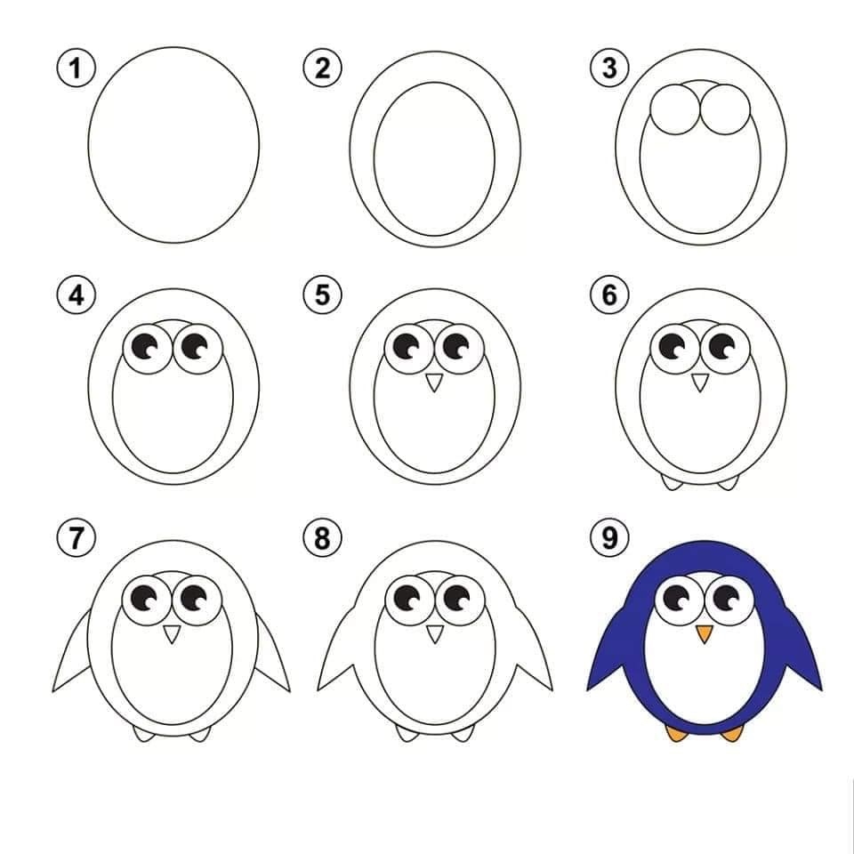 Рисование пошагово Пингвин для детей