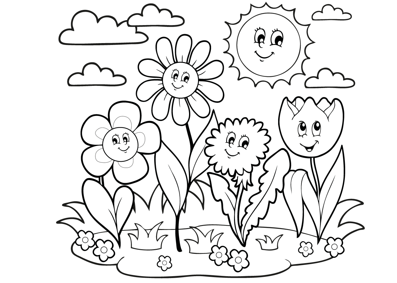 Раскраска цветы на полянке для детей