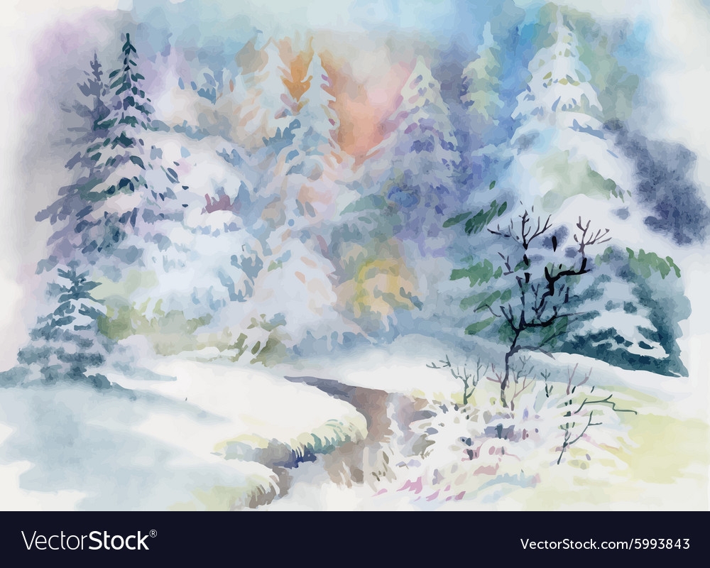 Сказочный зимний пейзаж акварелью
