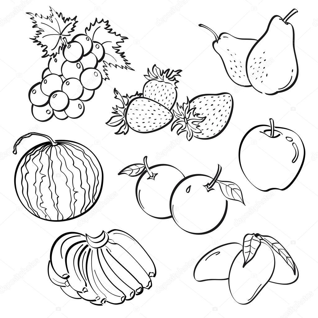 Овощи и фрукты черно белые