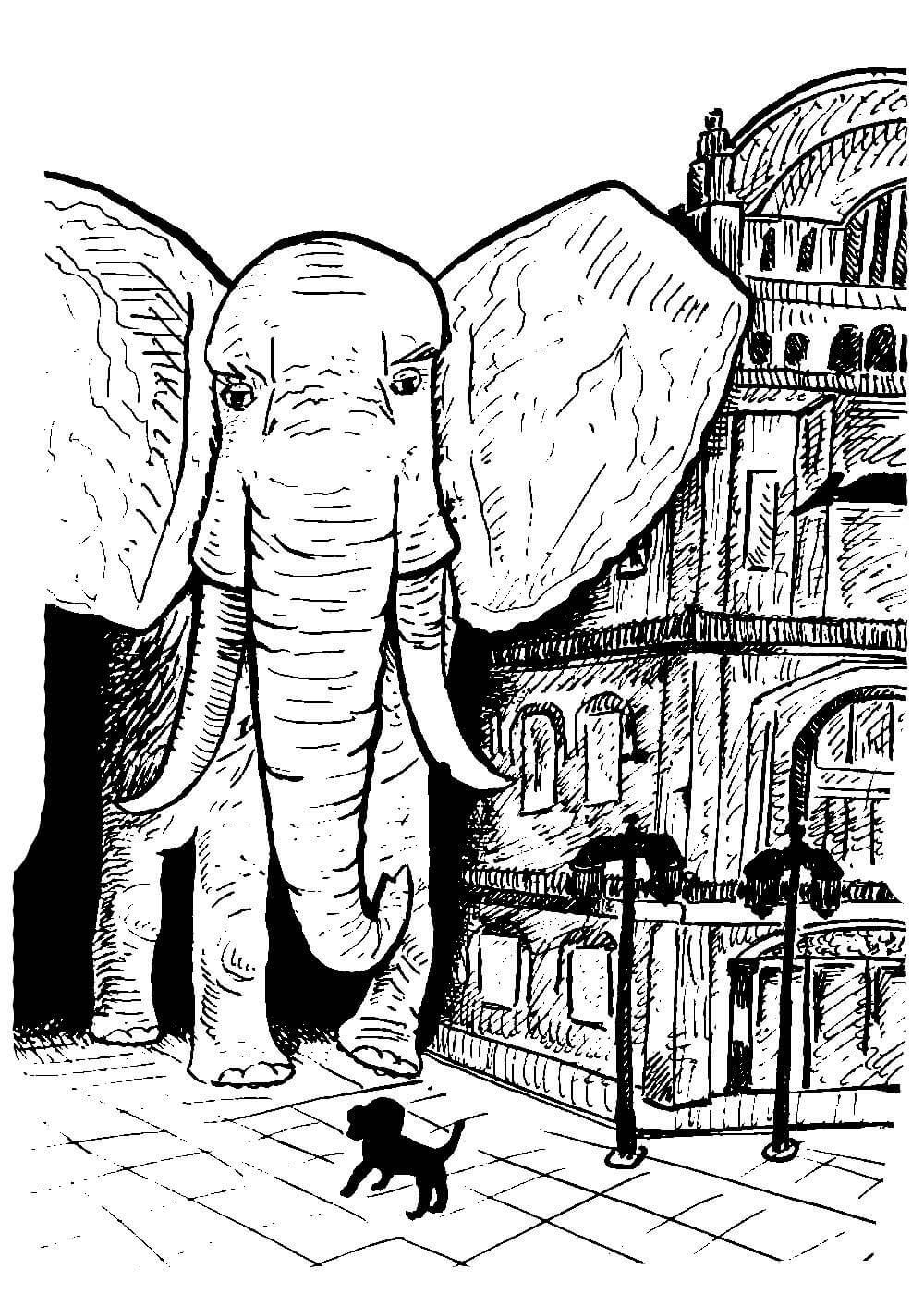 Раскраска слон и моська басня Крылова