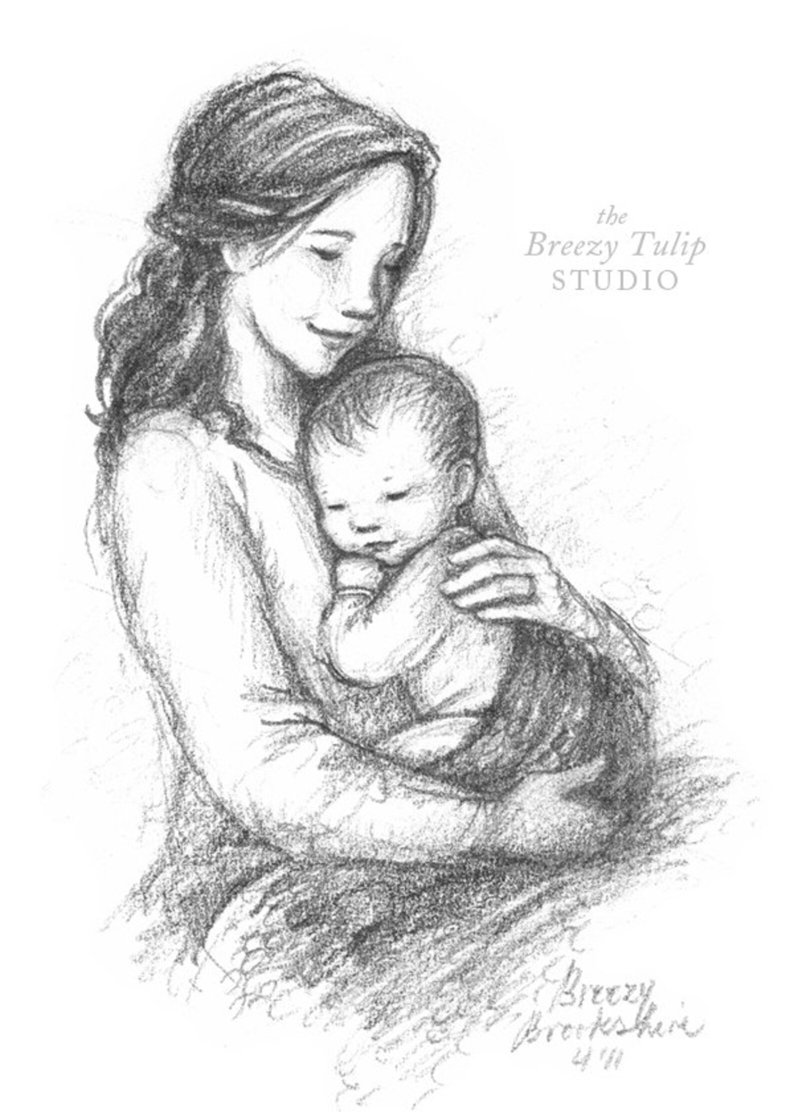 Женщина с ребенком на руках карандашом