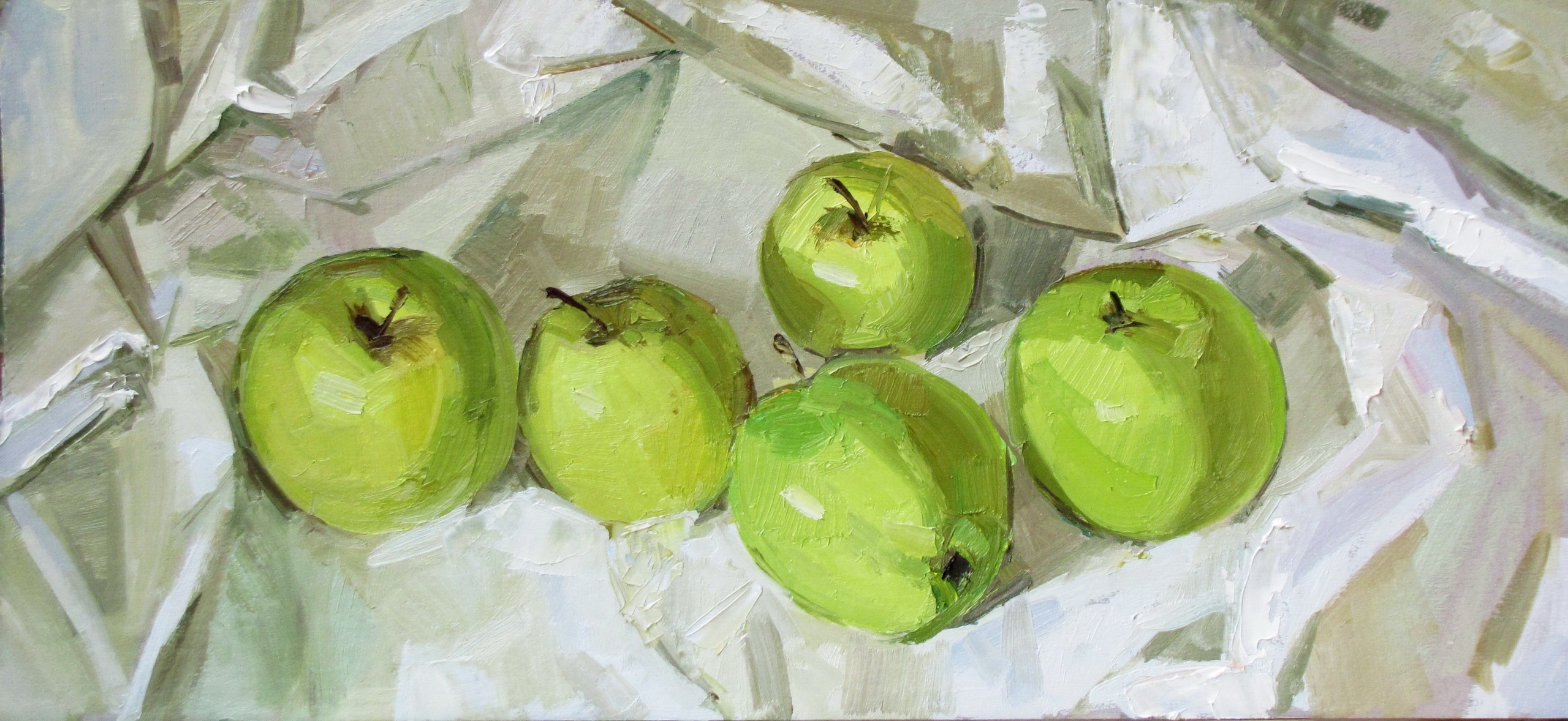 Зеленые яблоки в живописи маслом