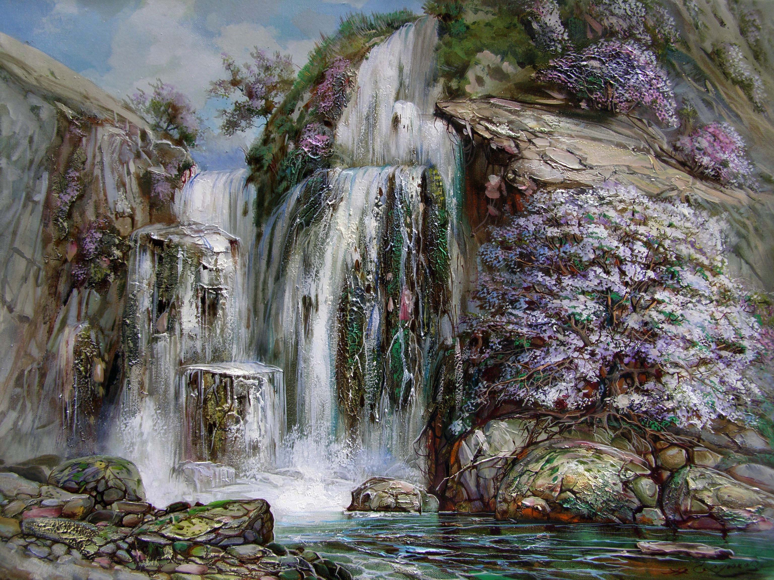 Дворец водопадов. Картины Томаса Аколе водопады. Баратынский водопад.