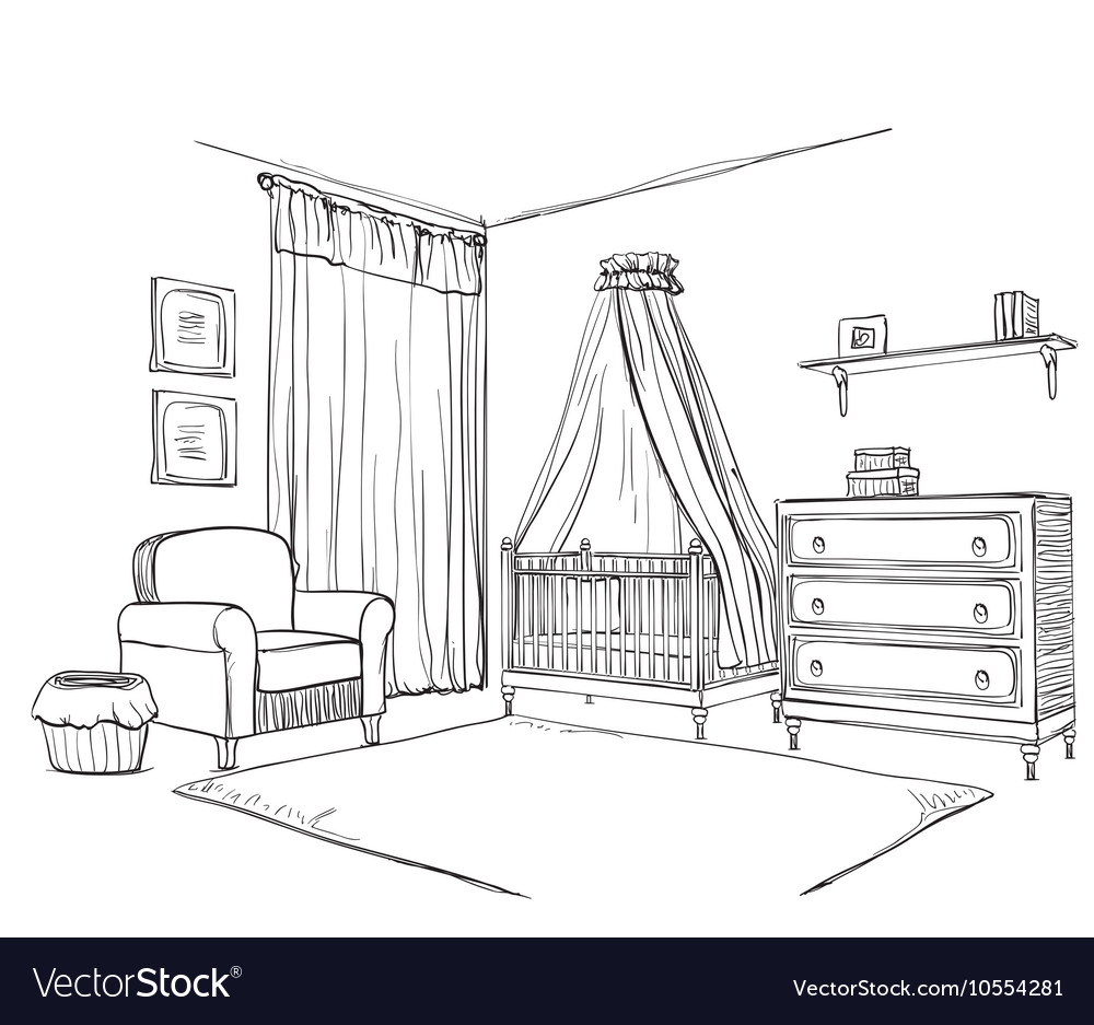 Эскиз комнаты детской черно белый