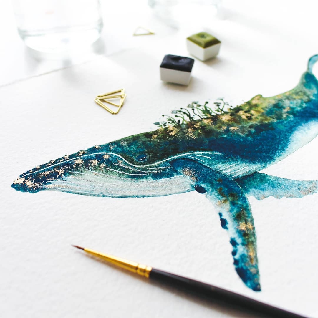 Картина кит акварель