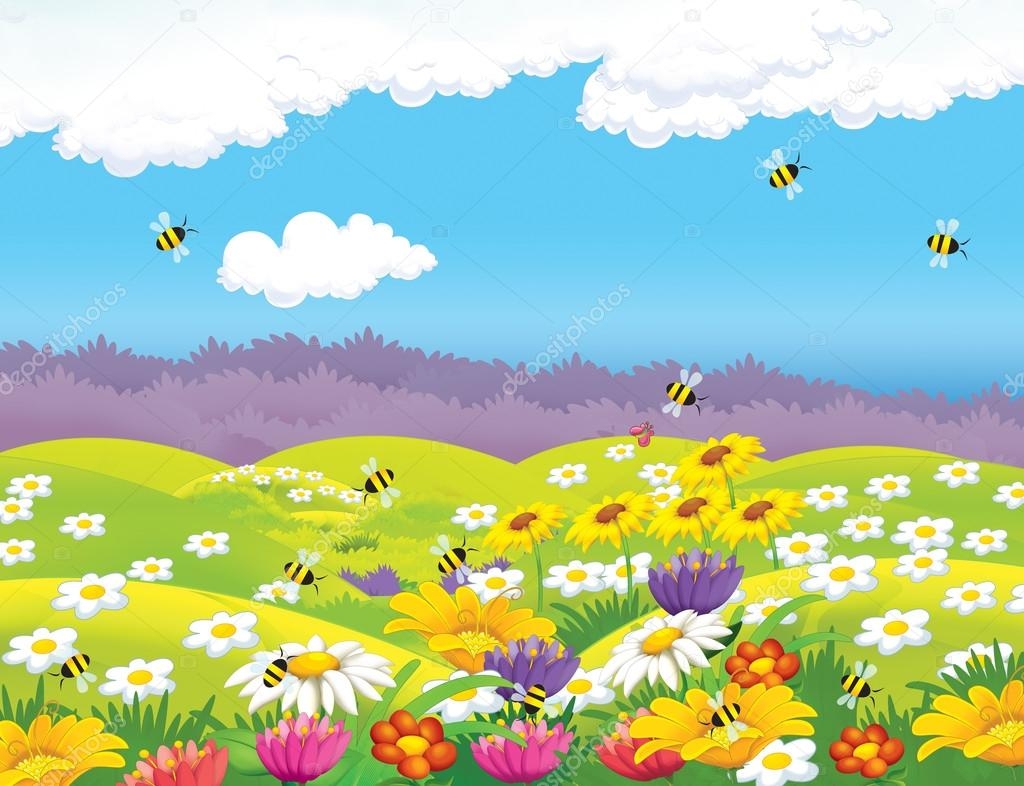 Лужайка с цветами и пчелами