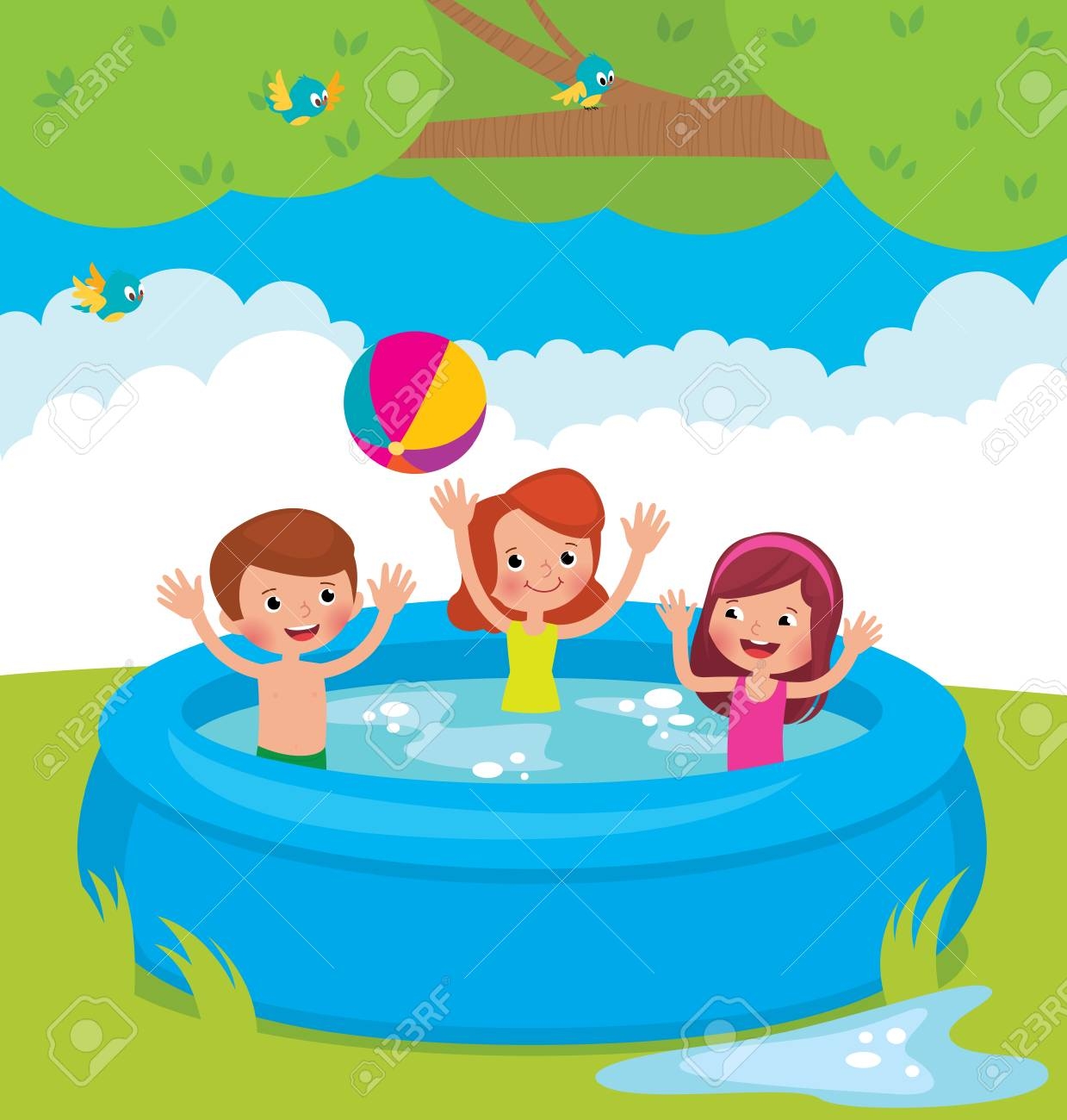 Мультяшные дети купаются в бассейне